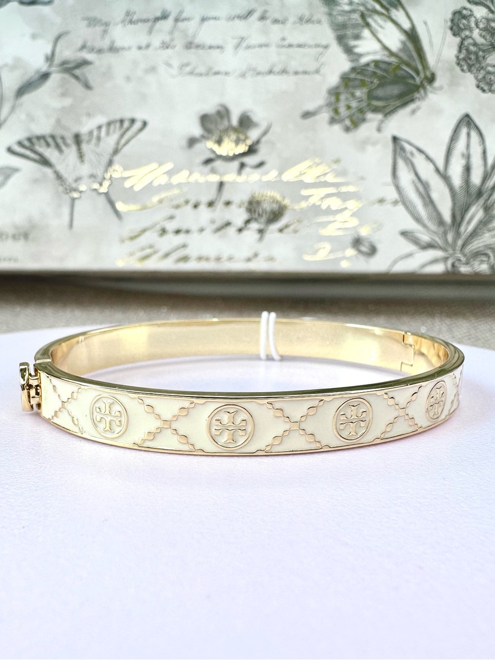 Tory Burch Cream Enamel Logo Bangle with Gold Accents